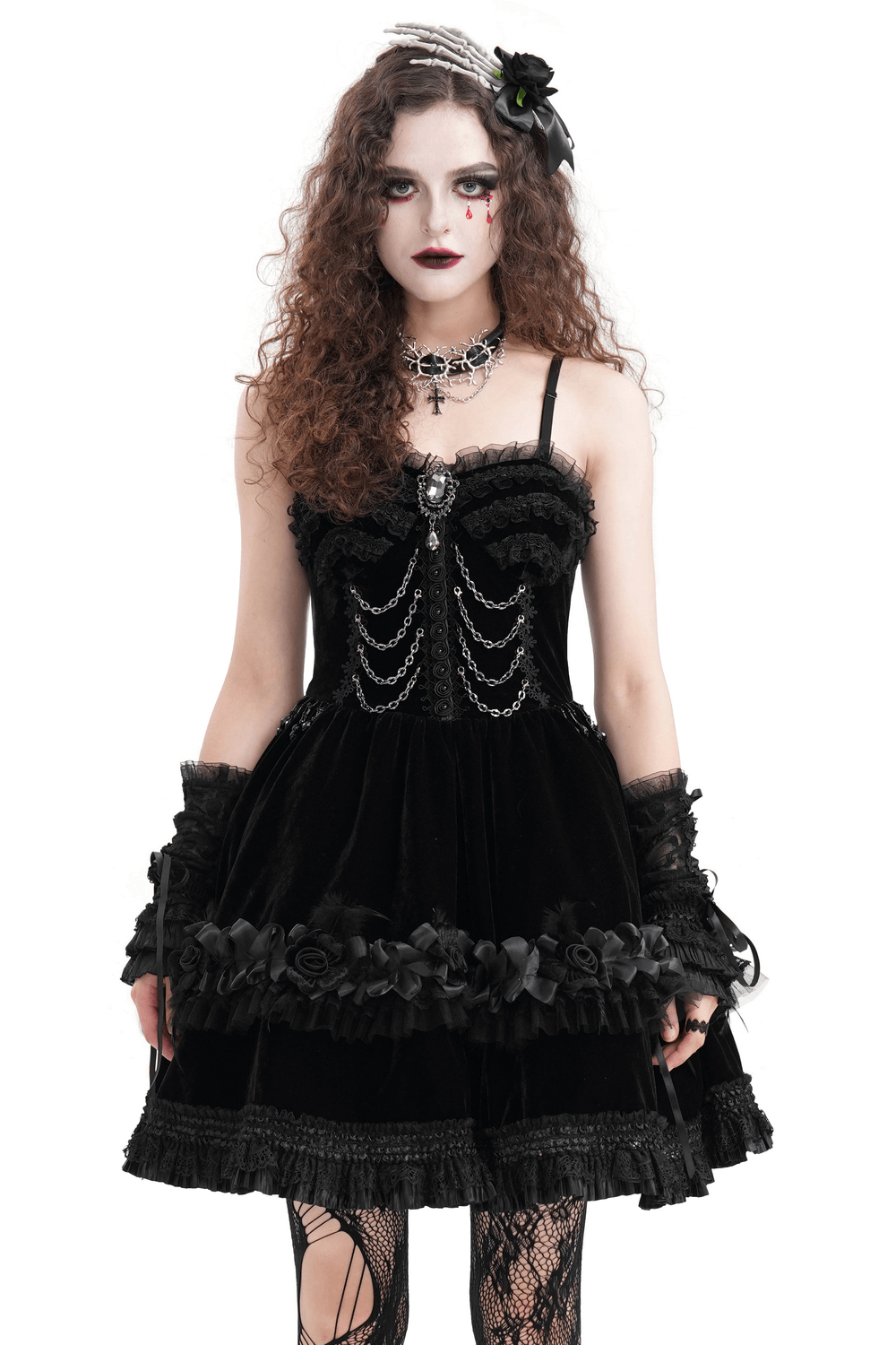 Elegant Black Lace Evening Dress with Beads and Chains