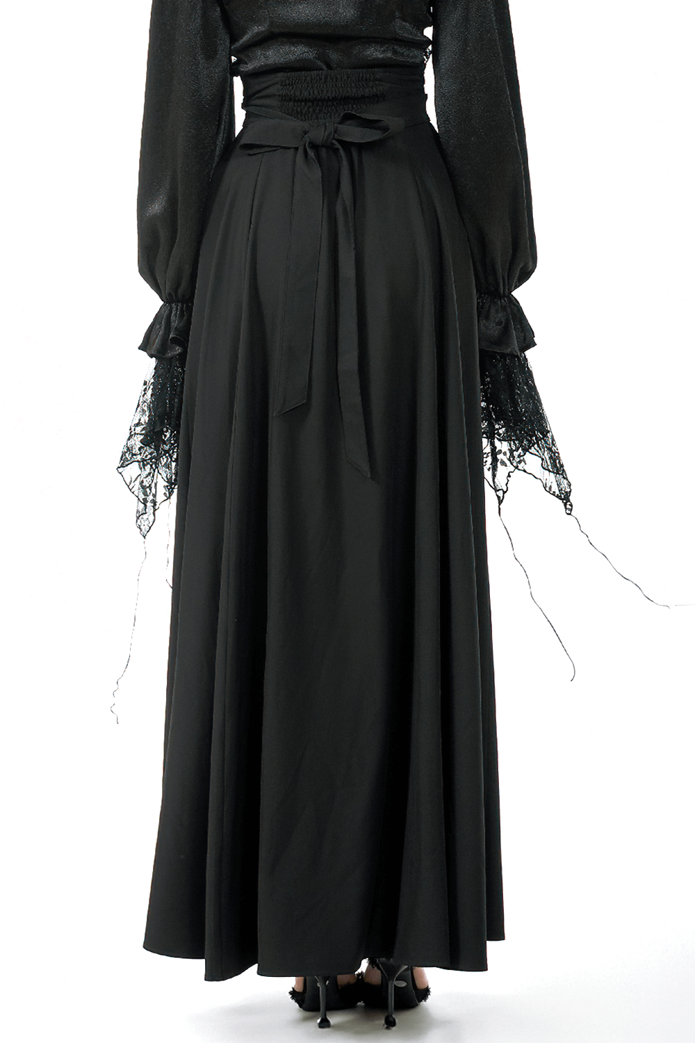 Elegant Black Maxi Skirt with Lace Back and Bow Detail