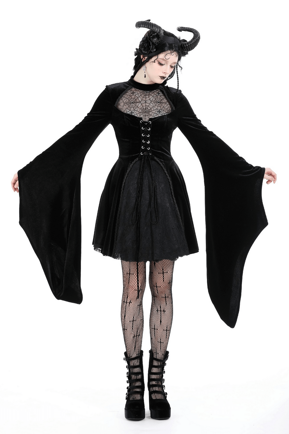 Elegant Black Velvet Lace-Up Gothic Dress for Women