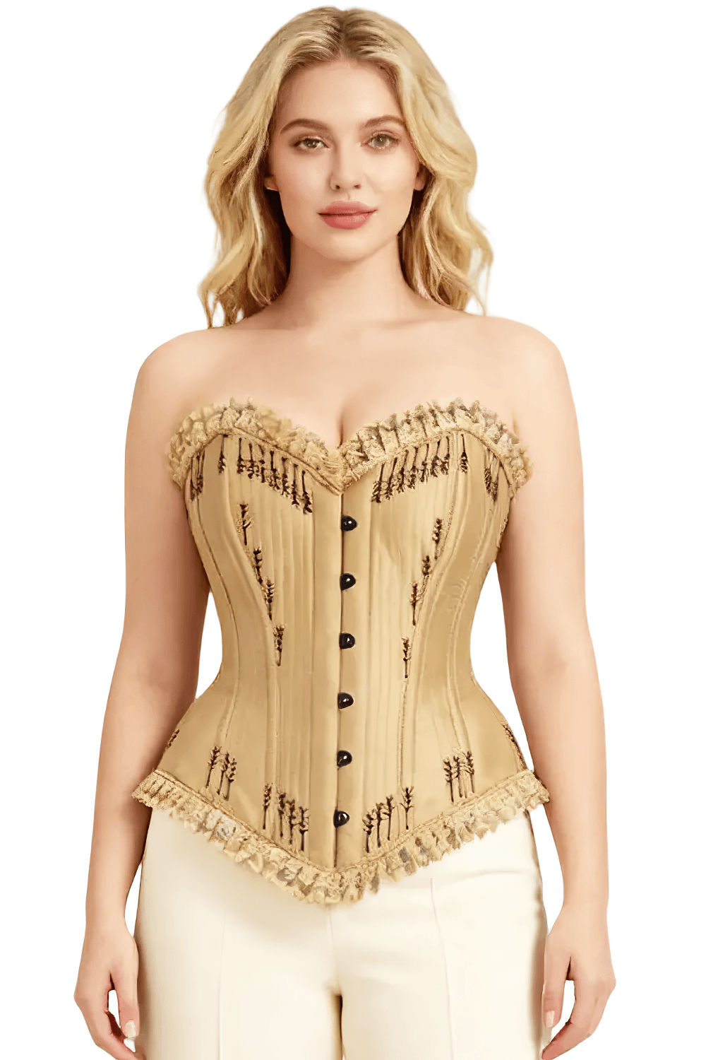 Elegant Golden Gothic Overbust Corset with Wheat Details