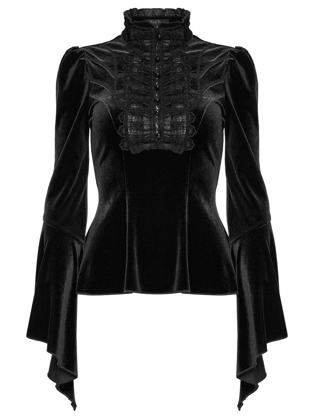 Elegant Goth Top with Ruffled Lace and Pearl Buttons