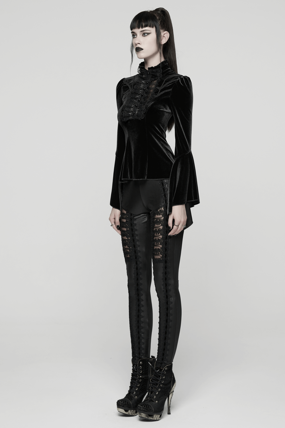 Elegant Goth Top with Ruffled Lace and Pearl Buttons