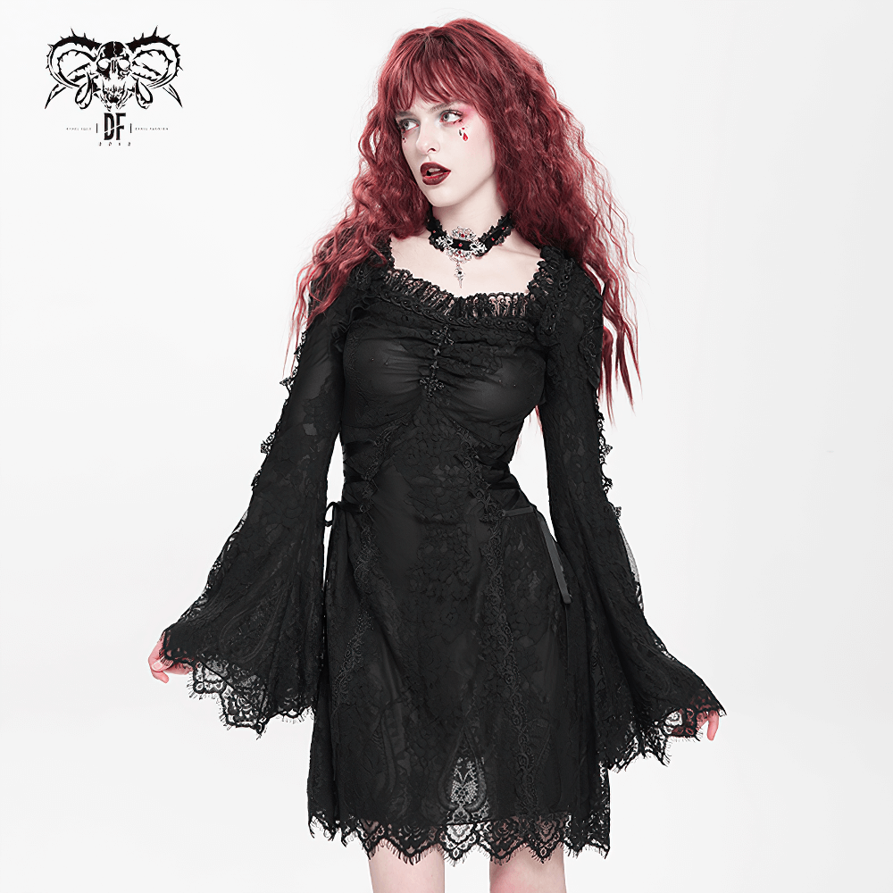 Elegant Gothic Black Lace Mini Dress with Flared Sleeves