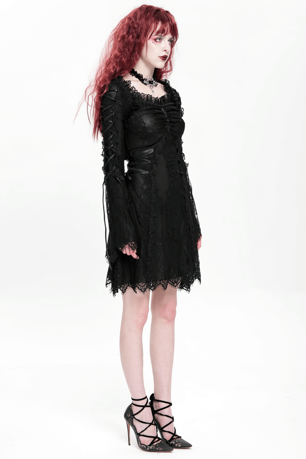 Elegant Gothic Black Lace Mini Dress with Flared Sleeves