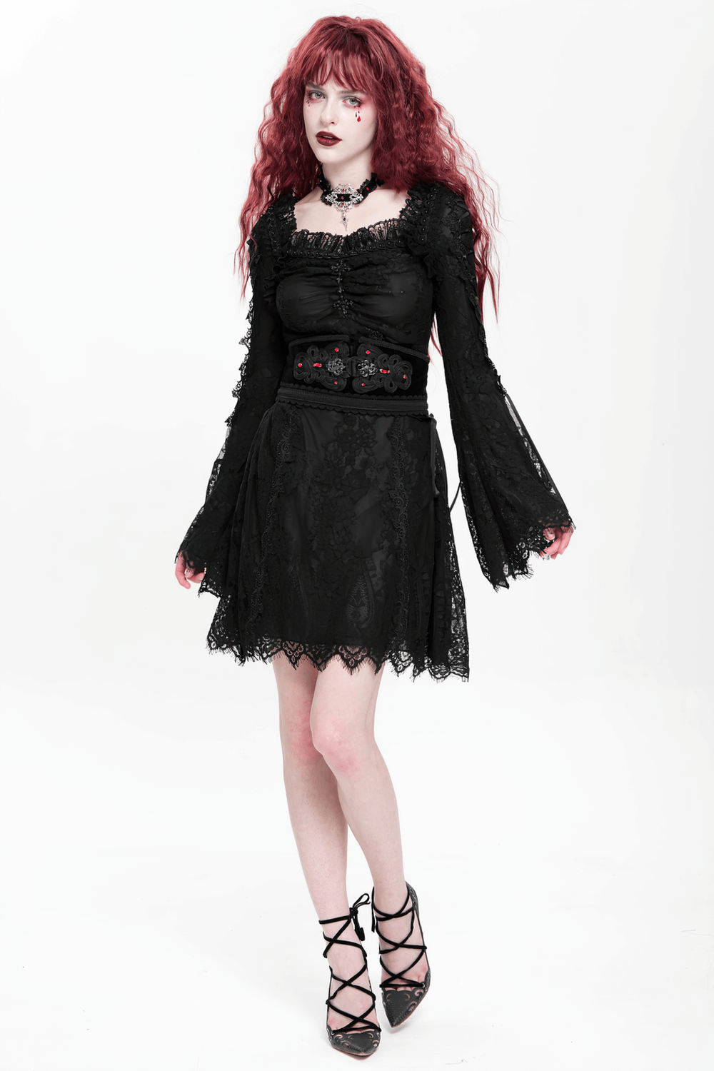 Elegant Gothic Black Lace Mini Dress with Flared Sleeves