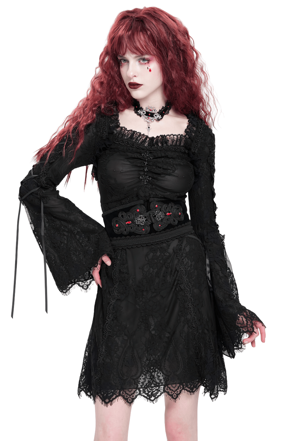 Elegant Gothic Black Lace Mini Dress with Flared Sleeves