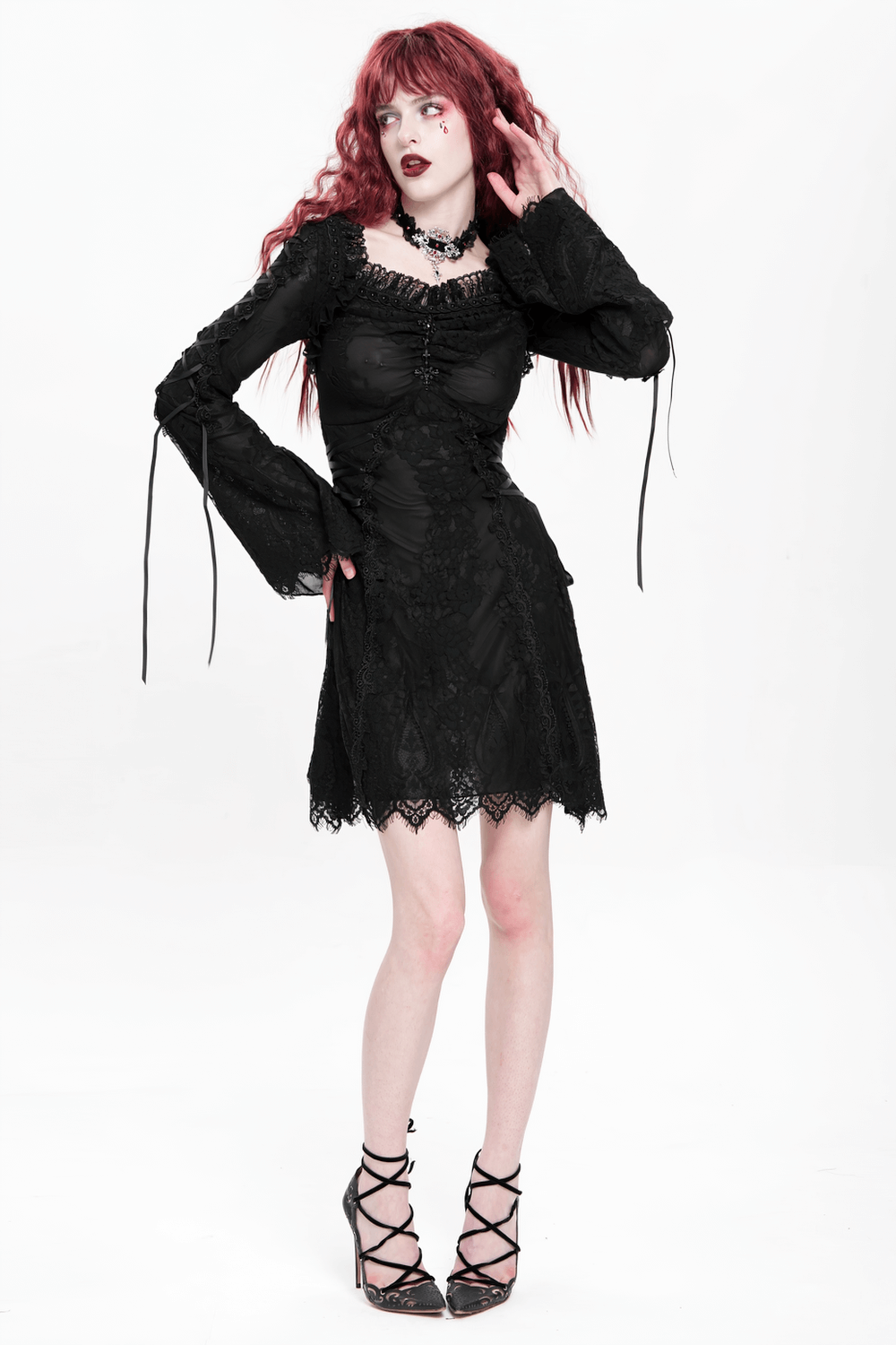 Elegant Gothic Black Lace Mini Dress with Flared Sleeves