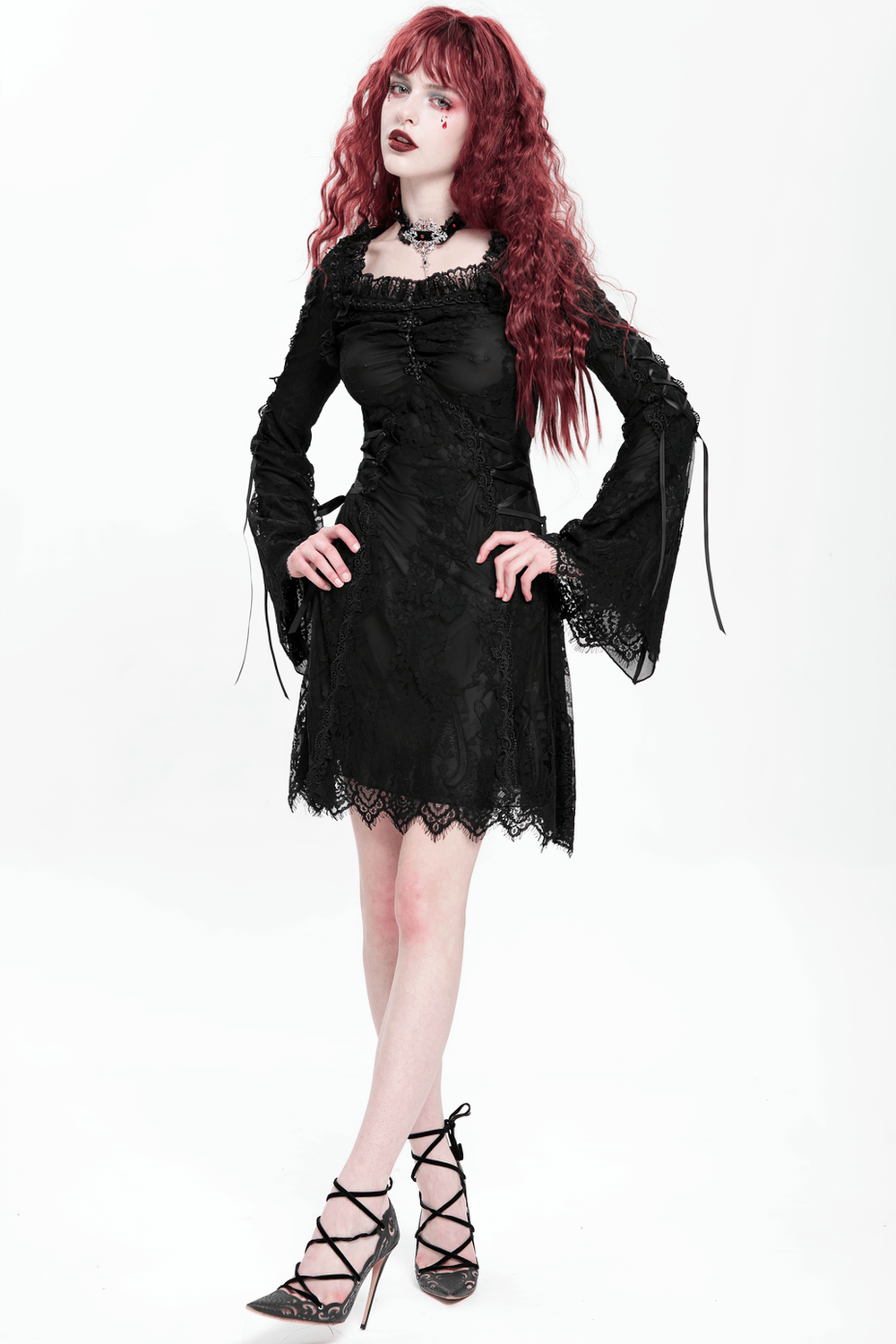 Elegant Gothic Black Lace Mini Dress with Flared Sleeves