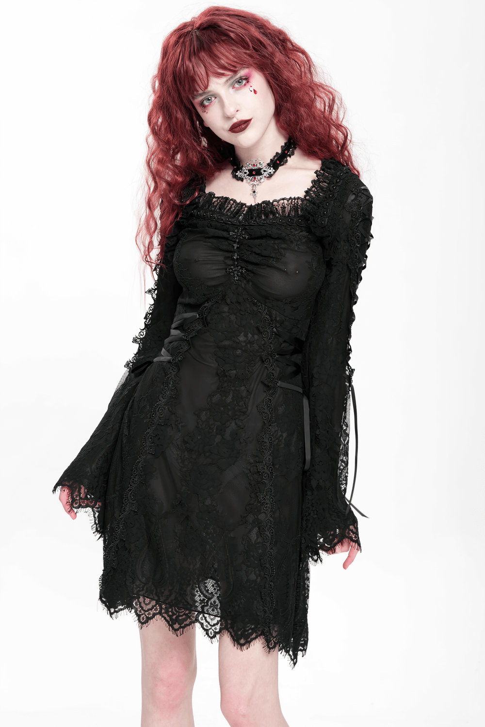 Elegant Gothic Black Lace Mini Dress with Flared Sleeves