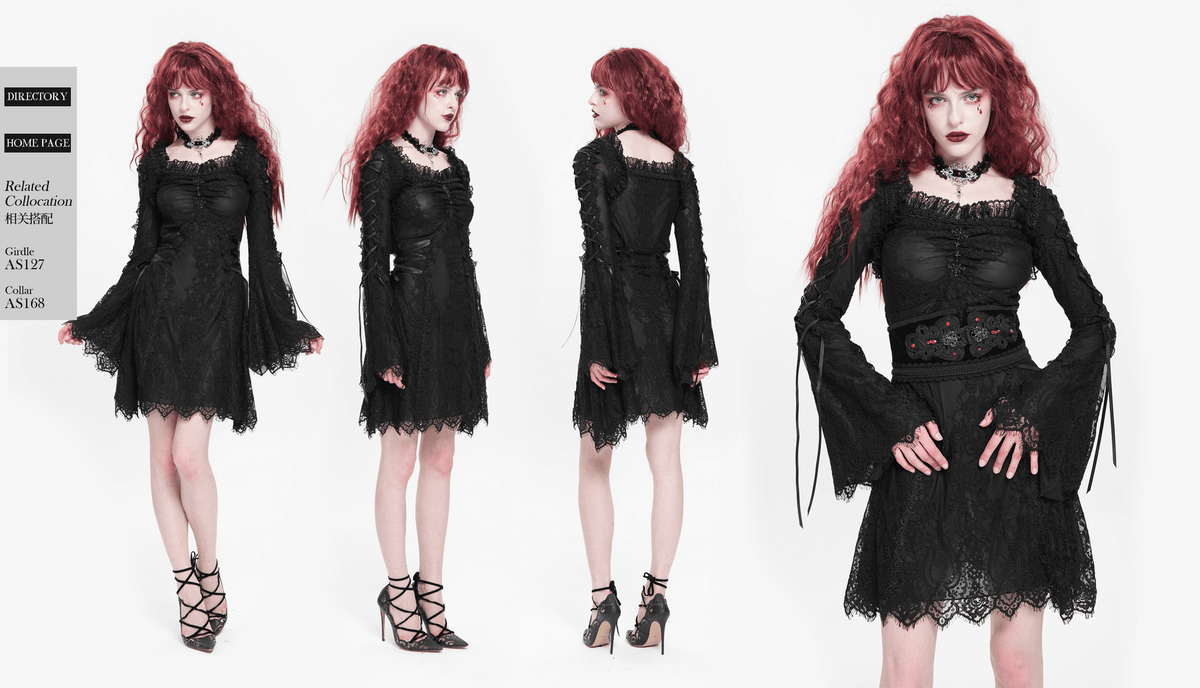Elegant Gothic Black Lace Mini Dress with Flared Sleeves