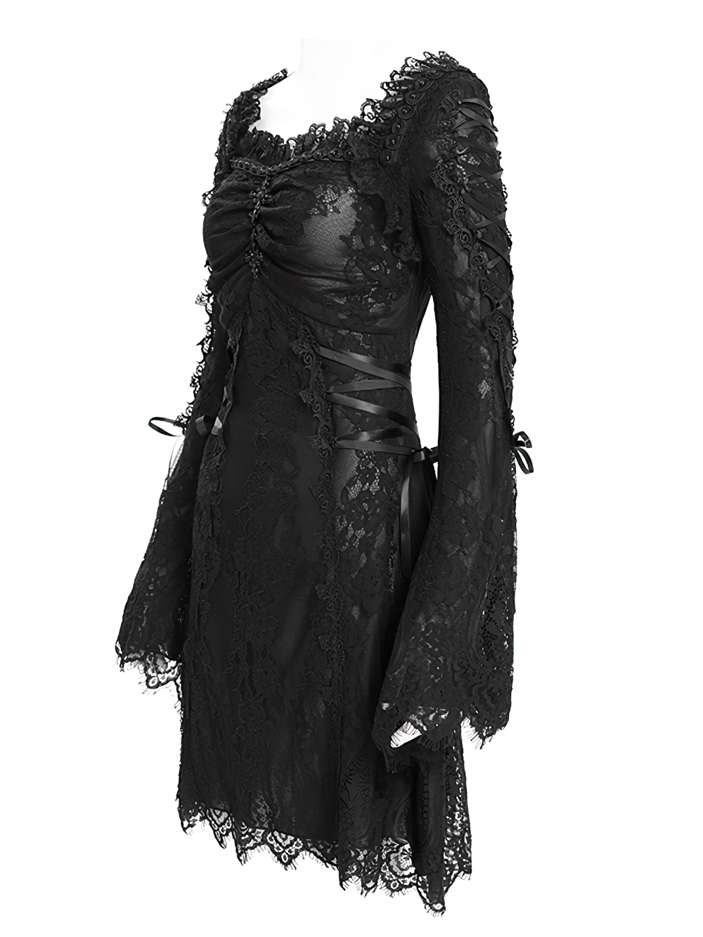 Elegant Gothic Black Lace Mini Dress with Flared Sleeves