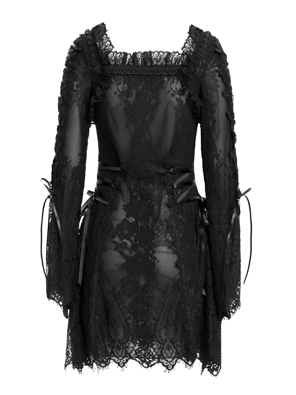 Elegant Gothic Black Lace Mini Dress with Flared Sleeves