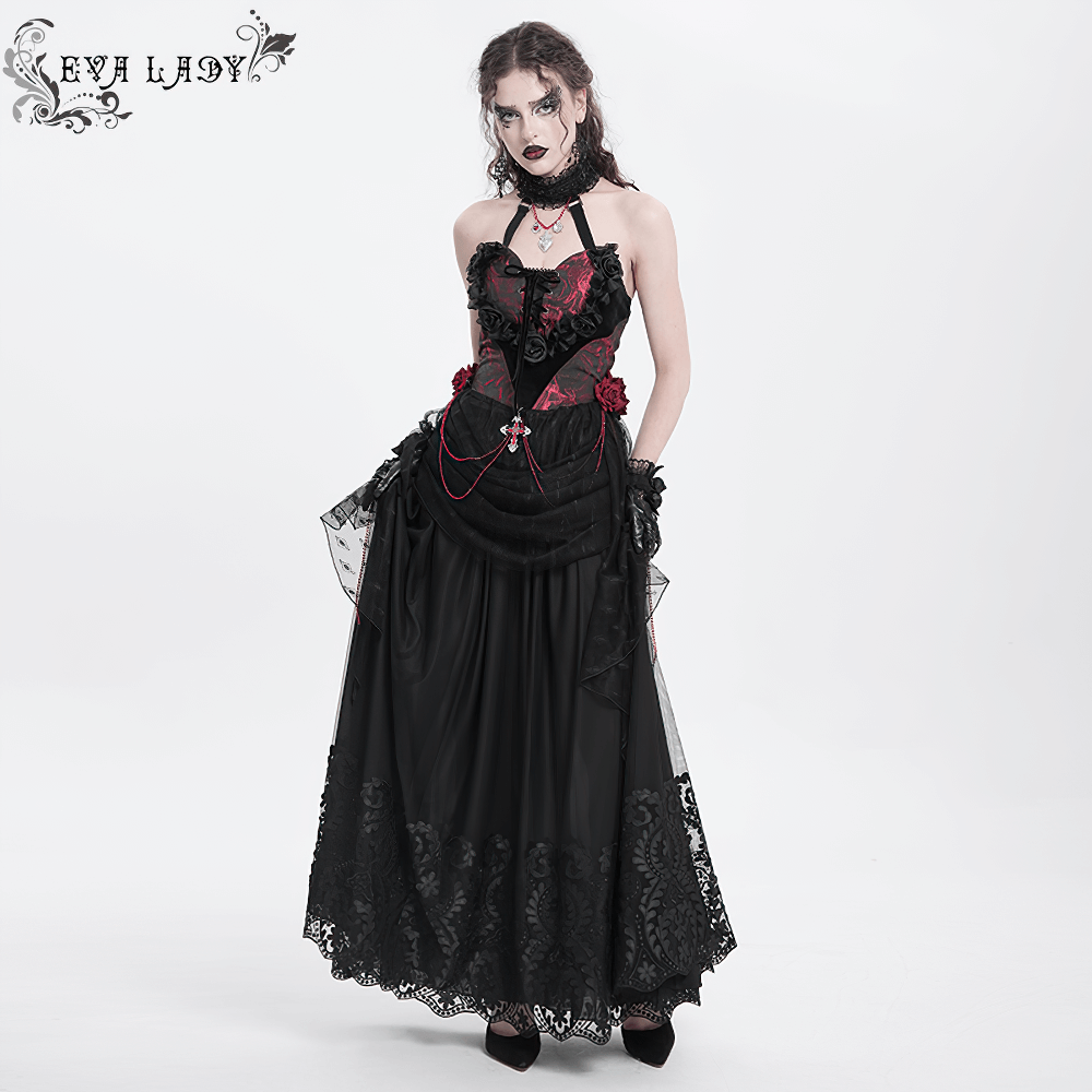 Elegant Gothic Black Mesh Maxi Skirt with Embroidered Hem