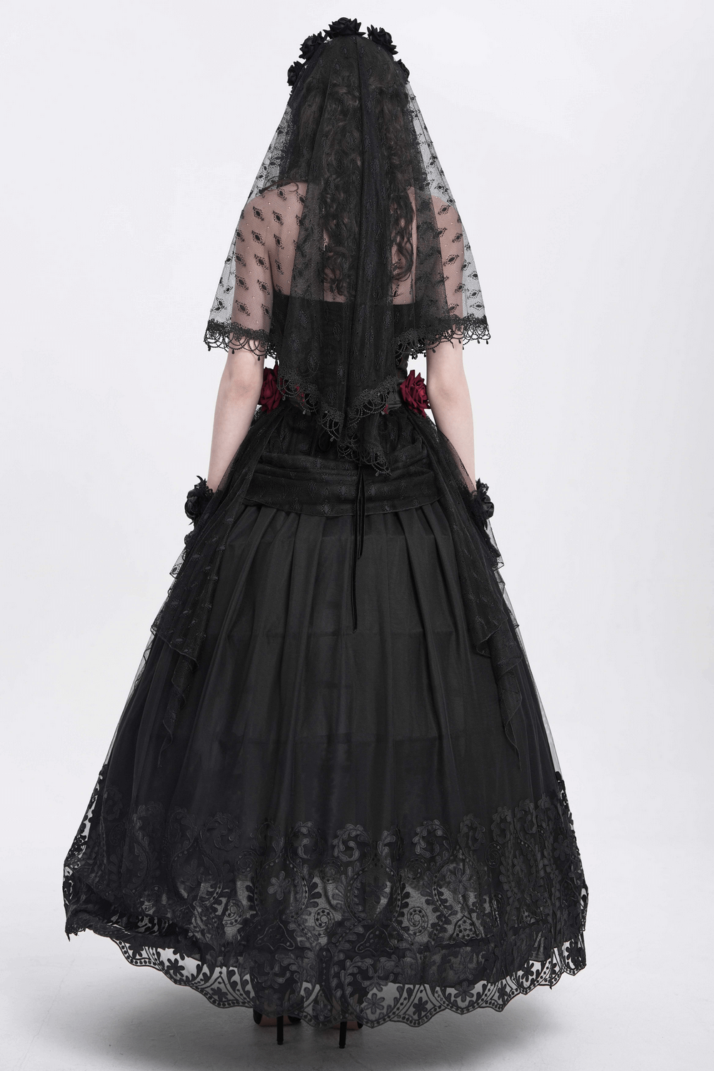 Elegant Gothic Black Mesh Maxi Skirt with Embroidered Hem