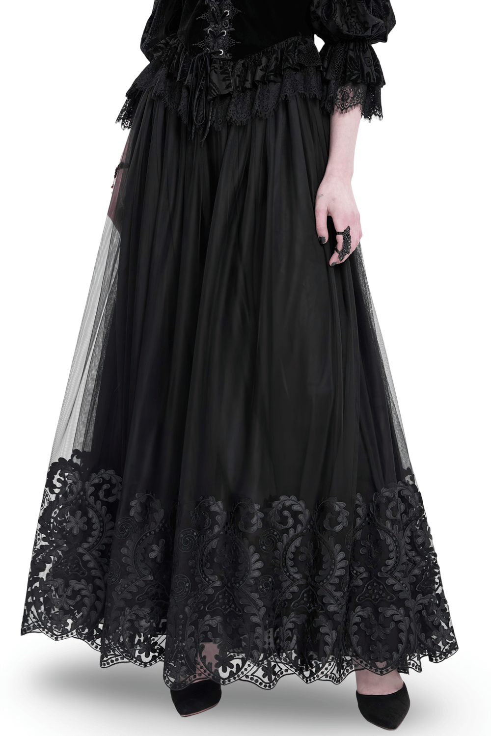Elegant Gothic Black Mesh Maxi Skirt with Embroidered Hem