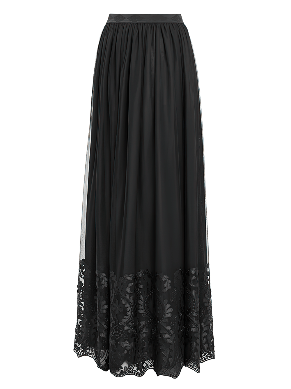 Elegant Gothic Black Mesh Maxi Skirt with Embroidered Hem