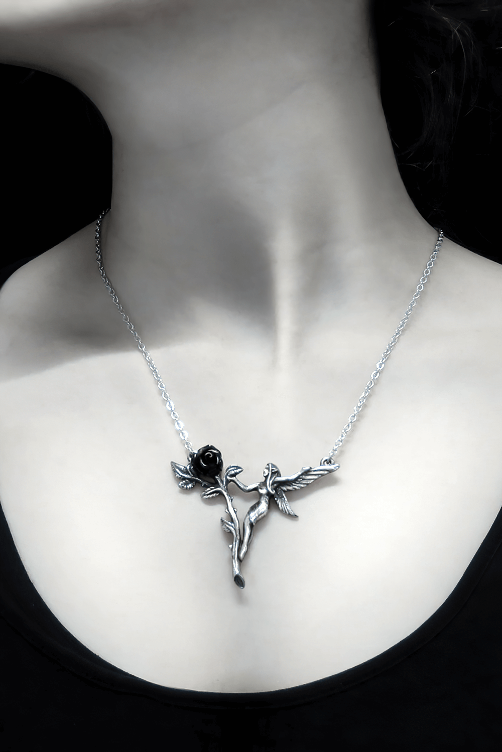 Elegant Gothic Fairy Rose with Wings Necklace