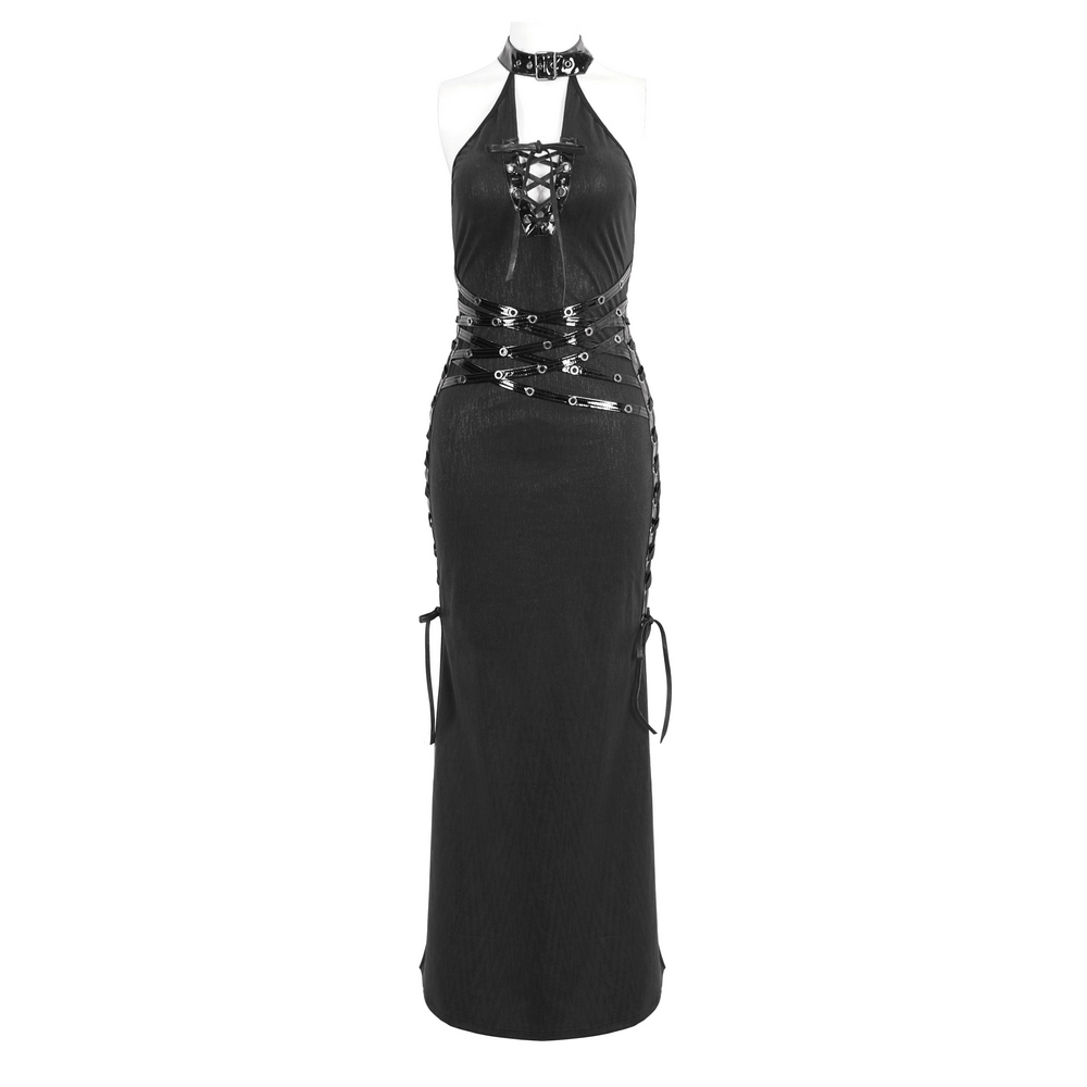 Elegant Gothic Halter Maxi Dress with Sides Slit