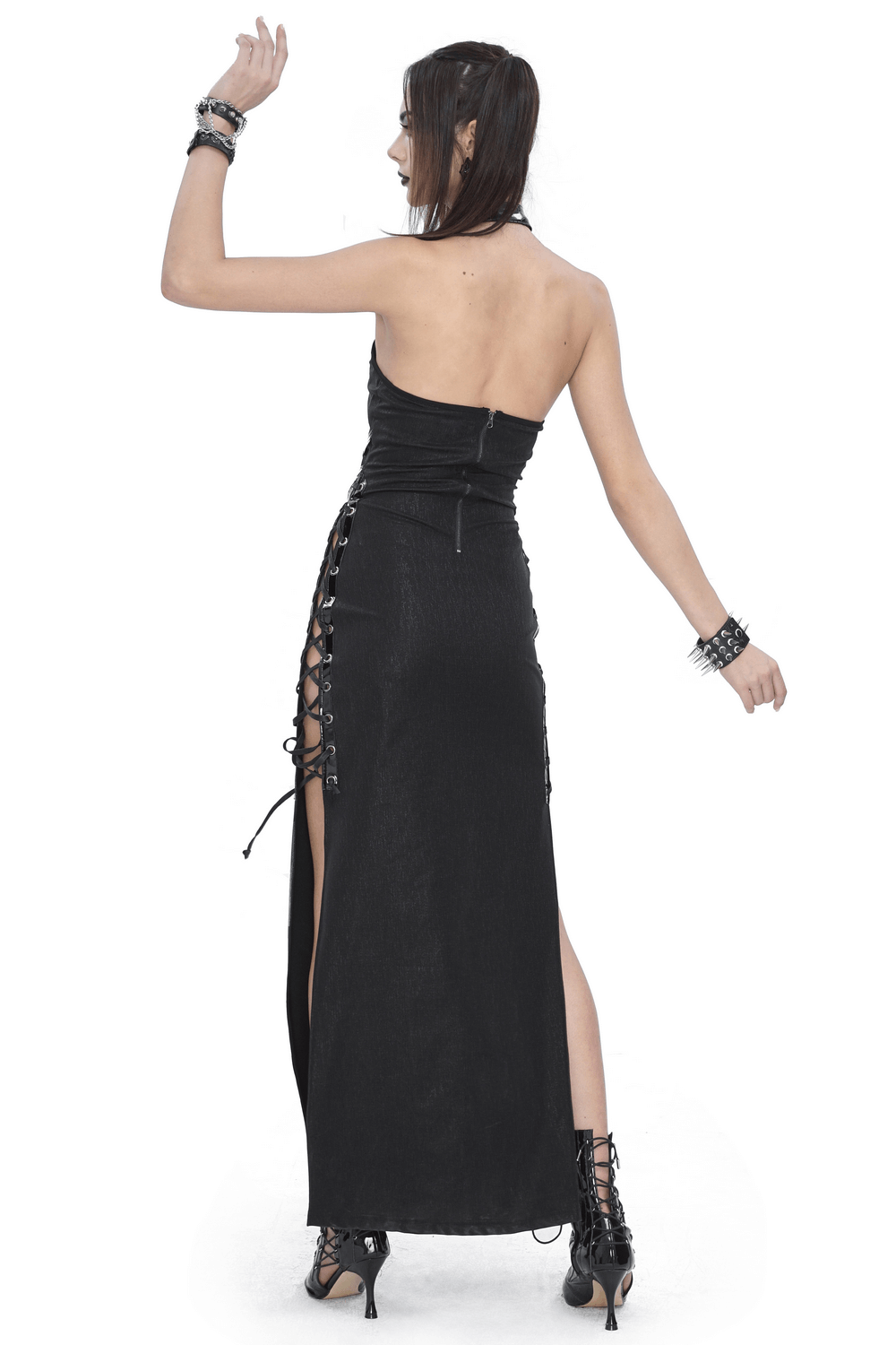 Elegant Gothic Halter Maxi Dress with Sides Slit