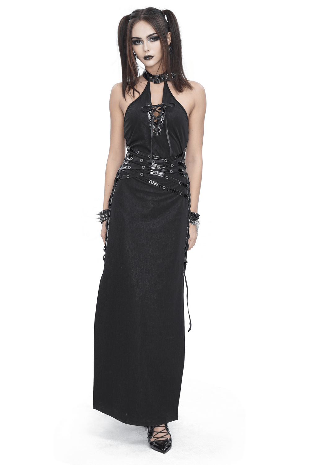 Elegant Gothic Halter Maxi Dress with Sides Slit