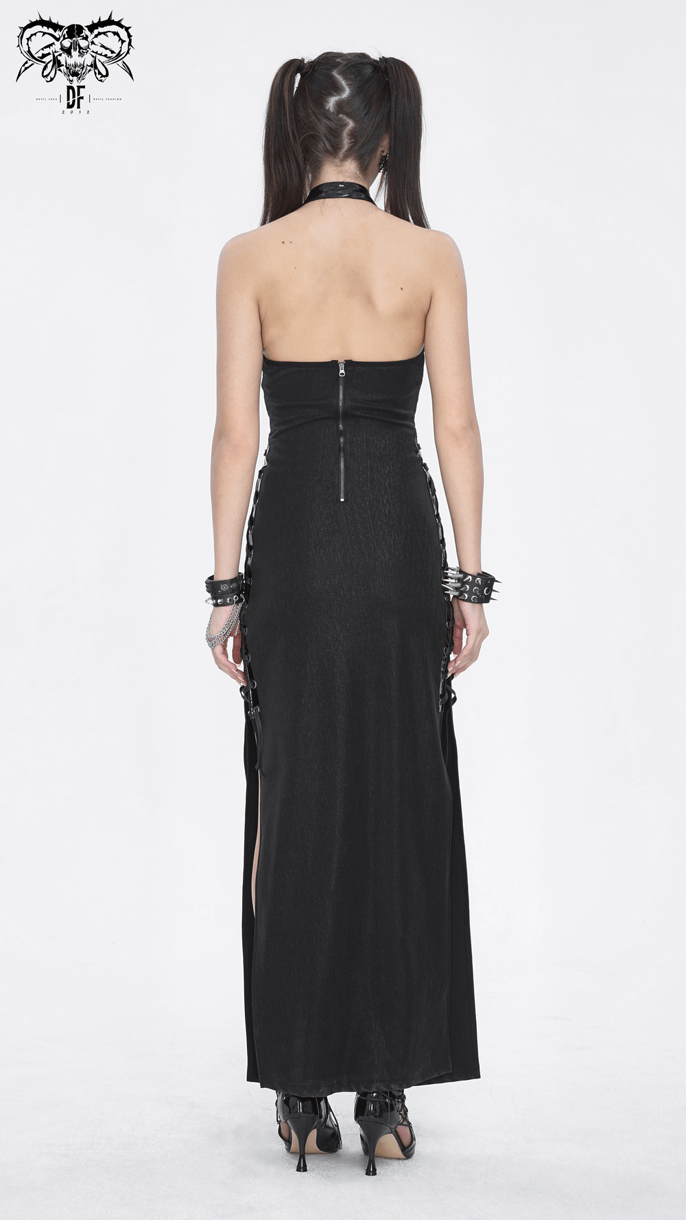 Elegant Gothic Halter Maxi Dress with Sides Slit