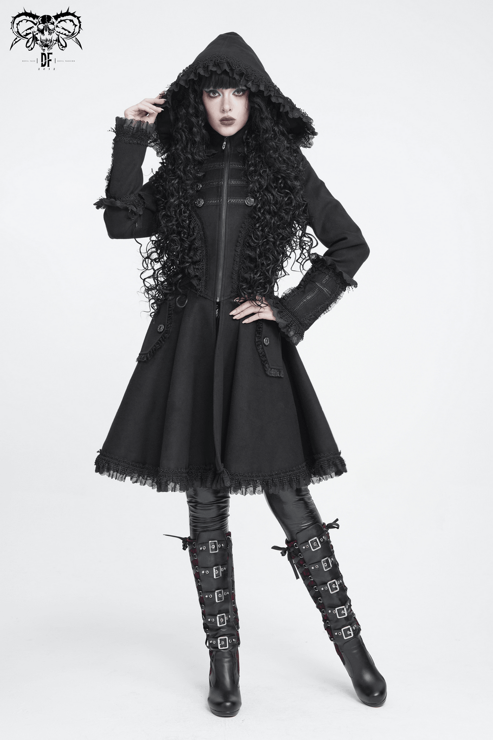 Elegant Gothic Hooded Coat with Flared Silhouette