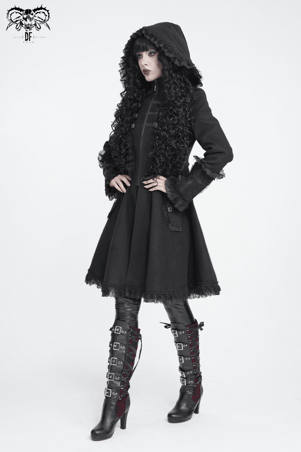 Elegant Gothic Hooded Coat with Flared Silhouette