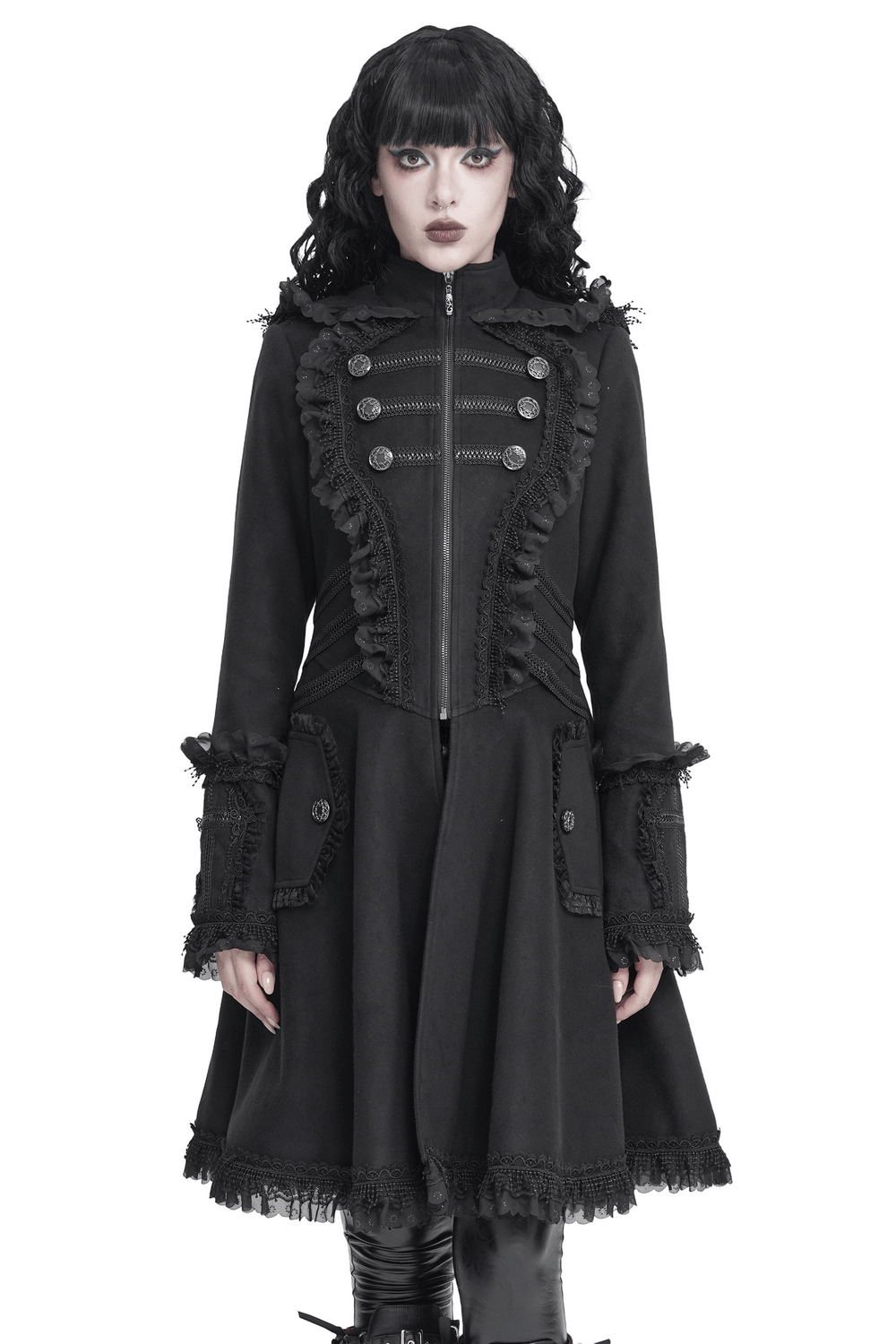Elegant Gothic Hooded Coat with Flared Silhouette