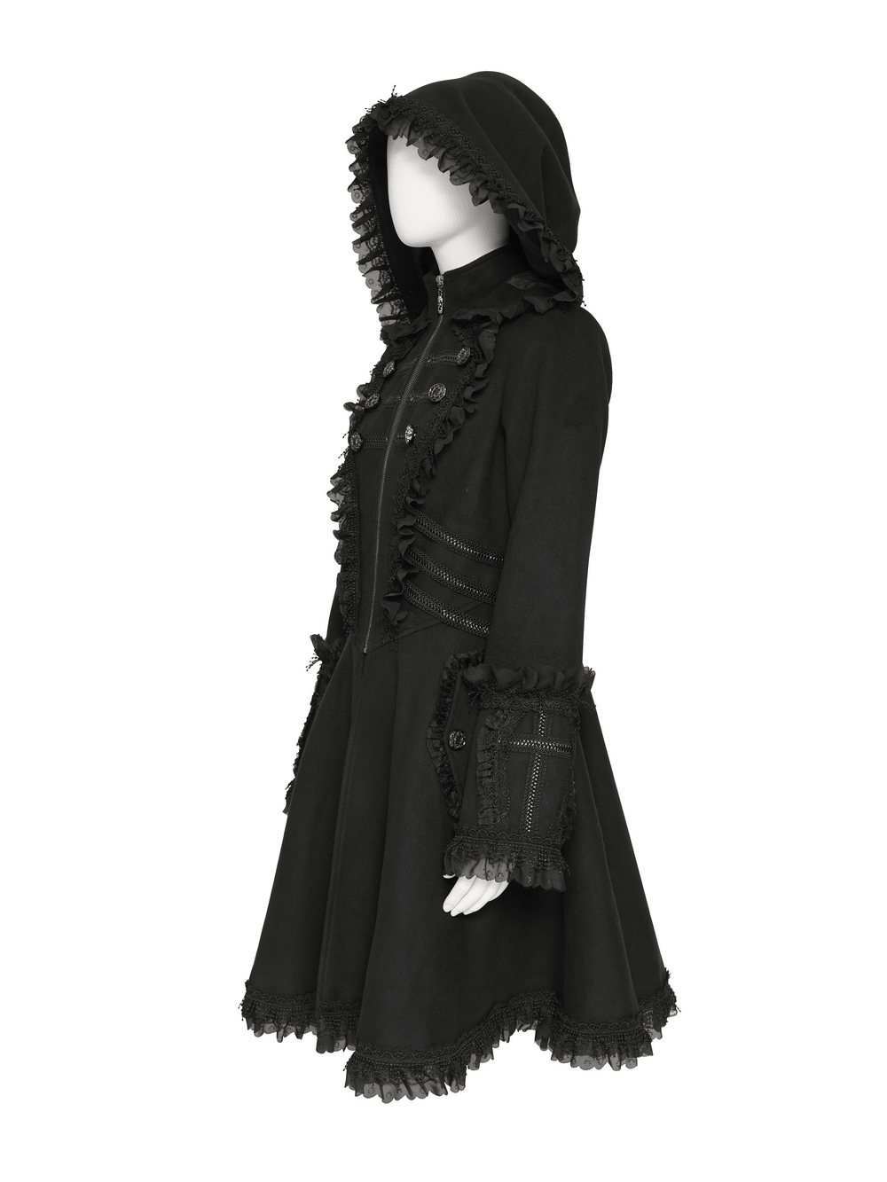 Elegant Gothic Hooded Coat with Flared Silhouette