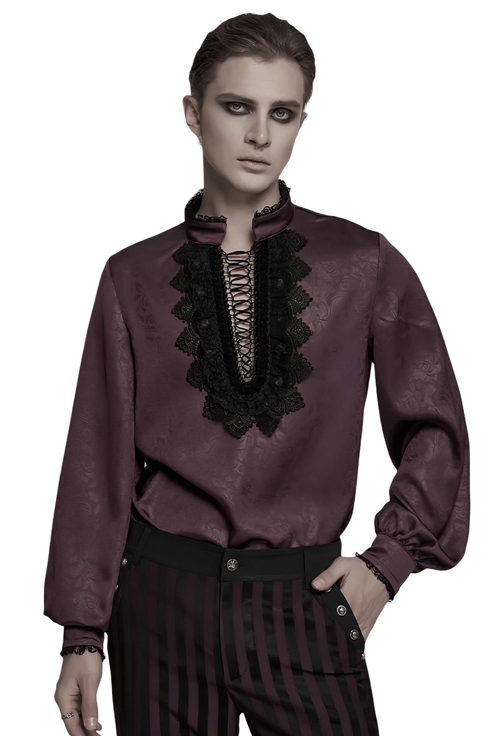 Elegant Gothic Lace Detail Shirt with Stand-up Collar