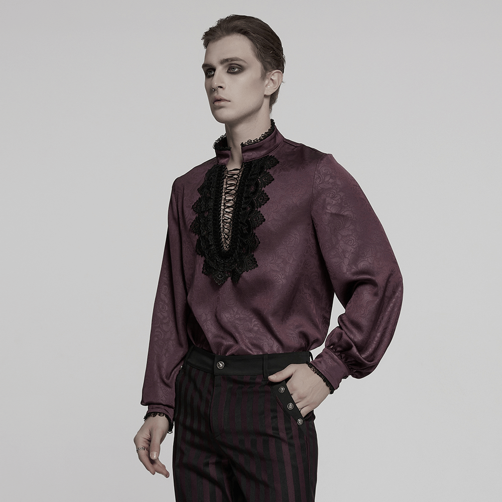 Elegant Gothic Lace Detail Shirt with Stand-up Collar