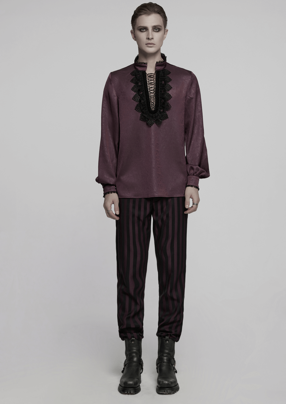 Elegant Gothic Lace Detail Shirt with Stand-up Collar
