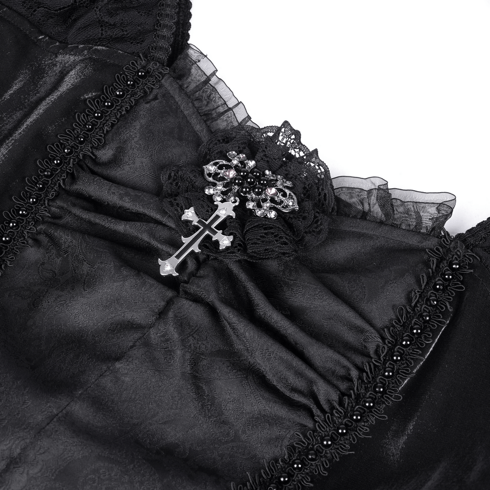 Elegant Gothic Lace Dress with Skulls and Tiered Layers