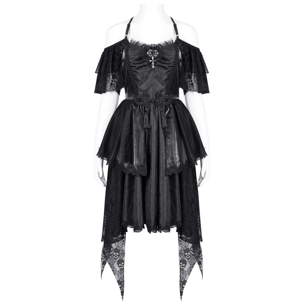 Elegant Gothic Lace Dress with Skulls and Tiered Layers
