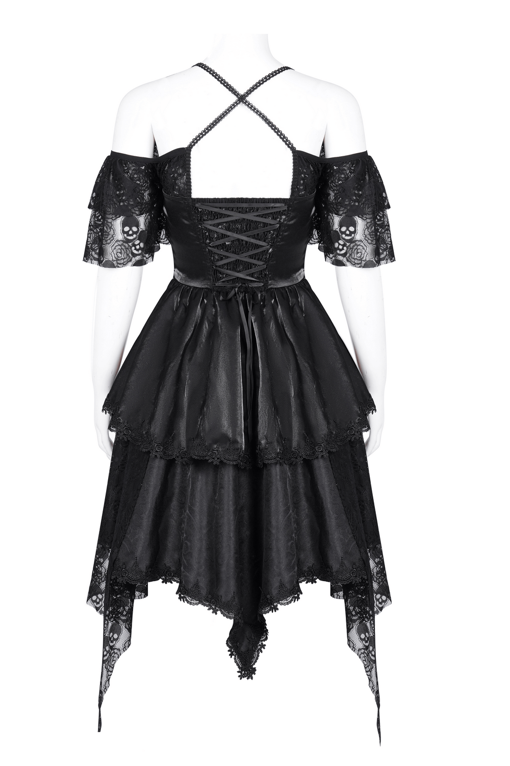 Elegant Gothic Lace Dress with Skulls and Tiered Layers