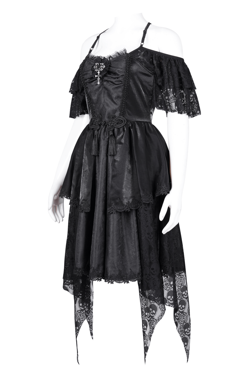Elegant Gothic Lace Dress with Skulls and Tiered Layers
