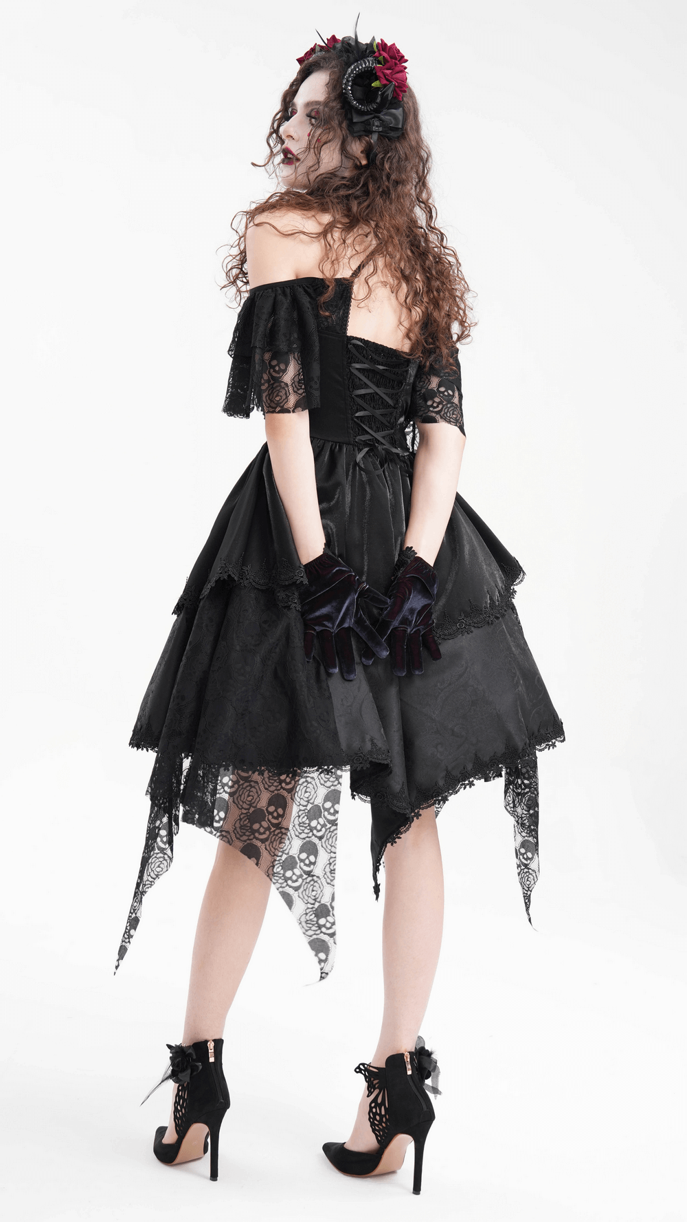 Elegant Gothic Lace Dress with Skulls and Tiered Layers