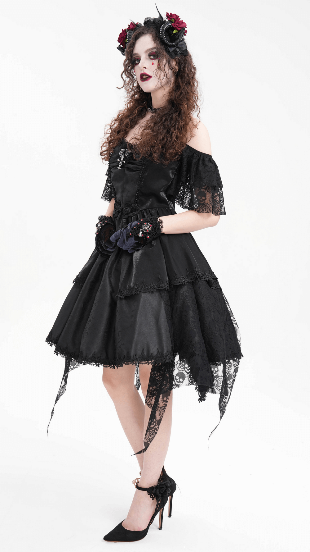 Elegant Gothic Lace Dress with Skulls and Tiered Layers
