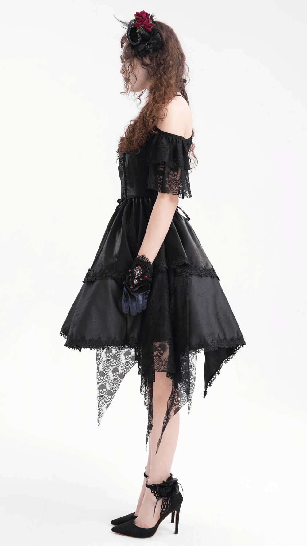 Elegant Gothic Lace Dress with Skulls and Tiered Layers