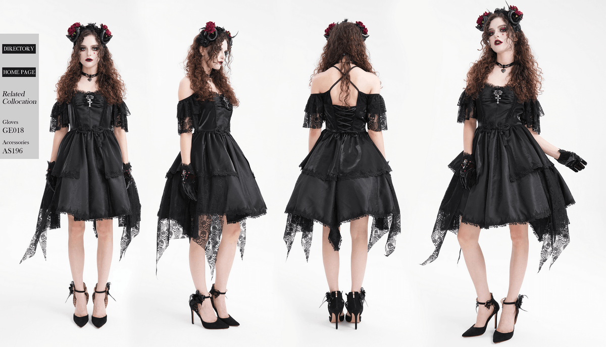 Elegant Gothic Lace Dress with Skulls and Tiered Layers