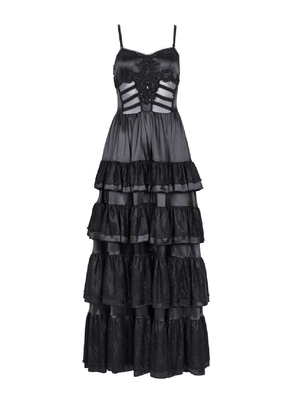 Elegant Gothic Lace Tiered Ruffle Maxi Dress with Straps