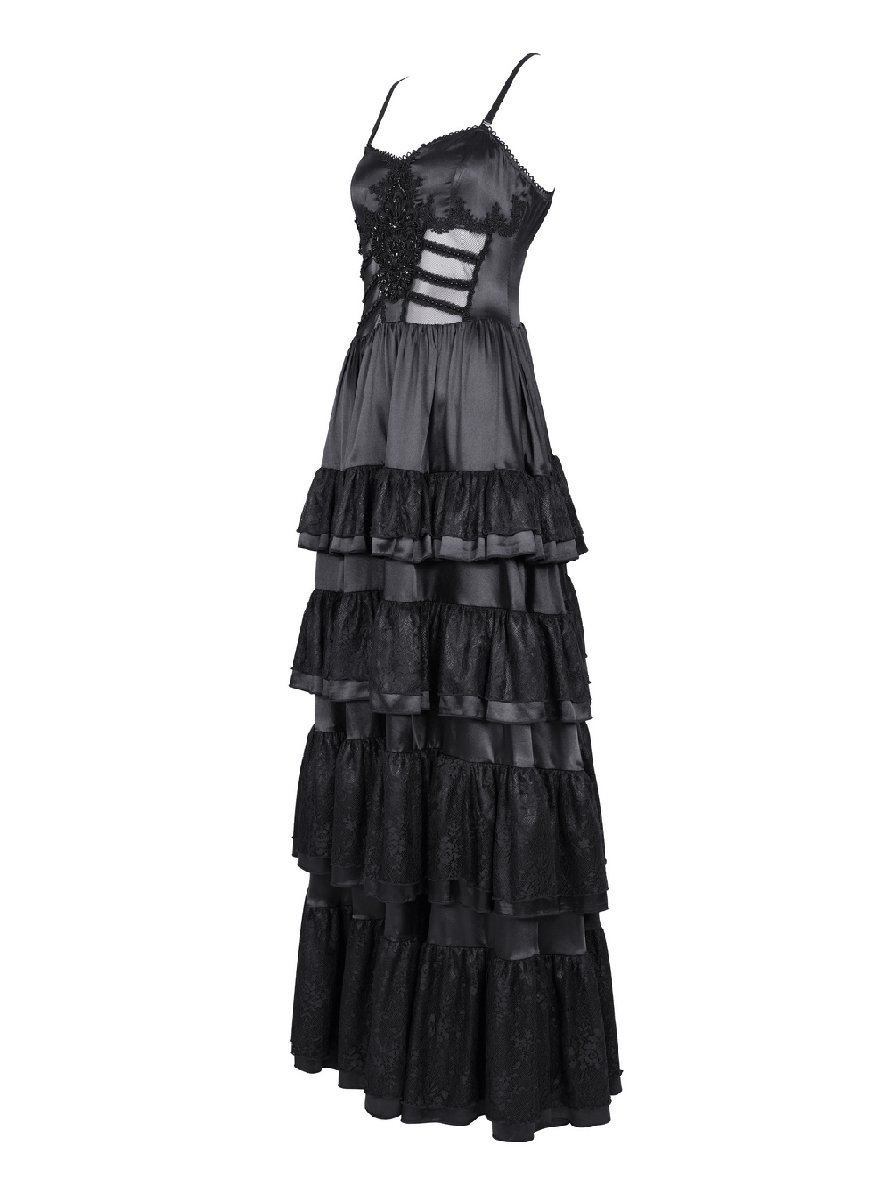 EU SALE of Elegant Gothic Lace Tiered Ruffle Maxi Dress with Straps