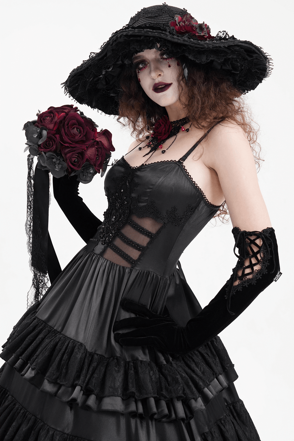 Elegant Gothic Lace Tiered Ruffle Maxi Dress with Straps