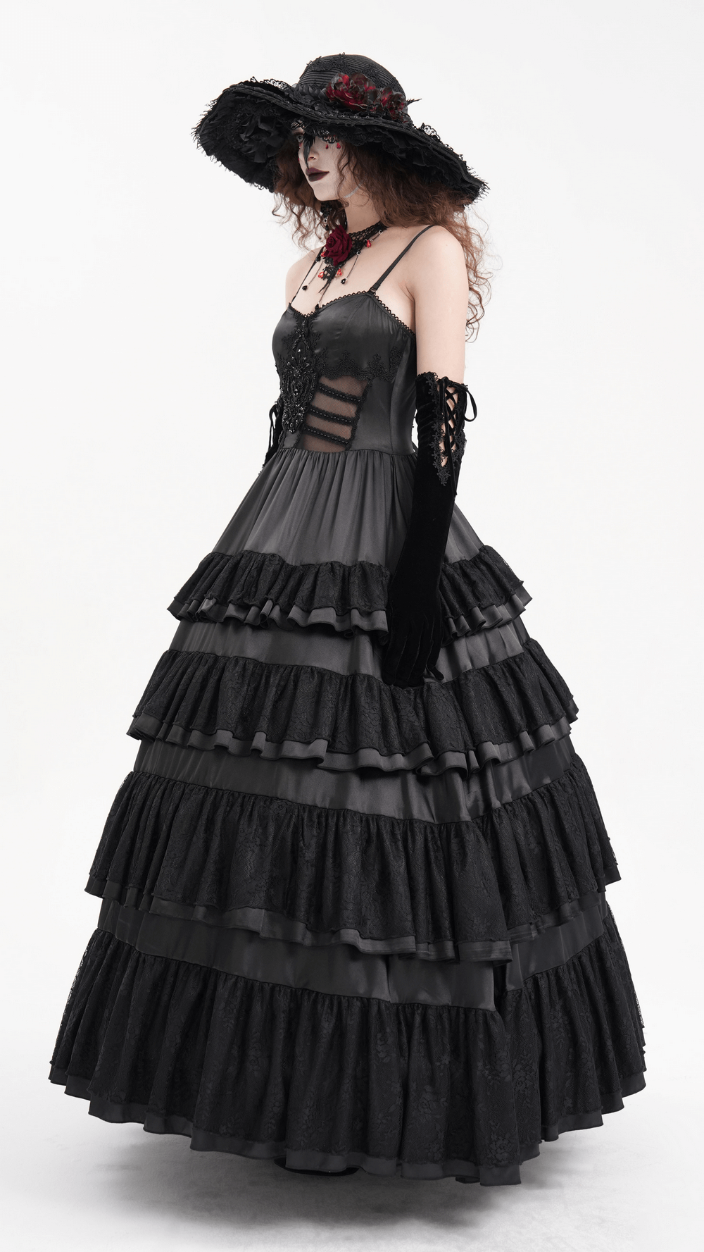 EU SALE of Elegant Gothic Lace Tiered Ruffle Maxi Dress with Straps