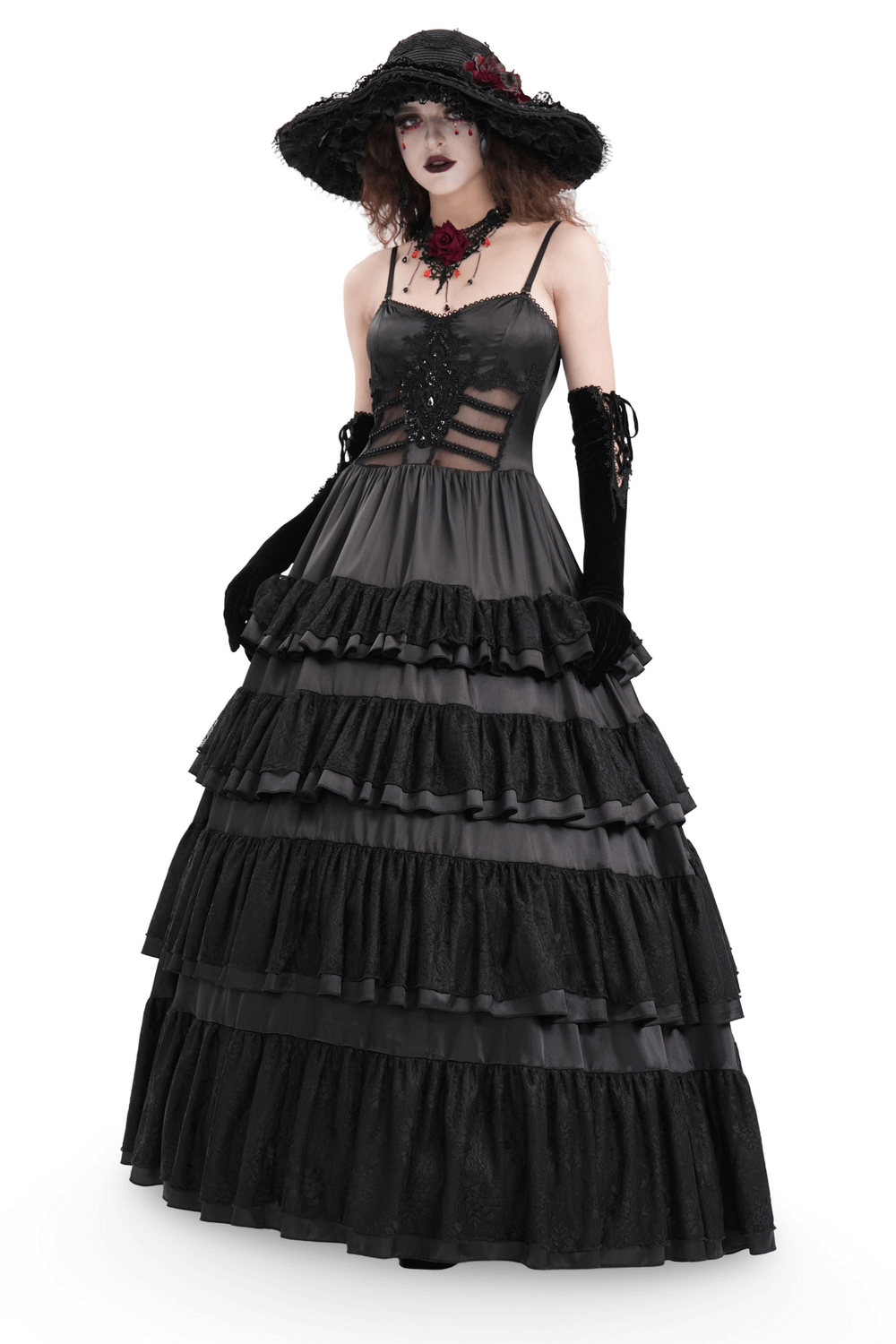 EU SALE of Elegant Gothic Lace Tiered Ruffle Maxi Dress with Straps