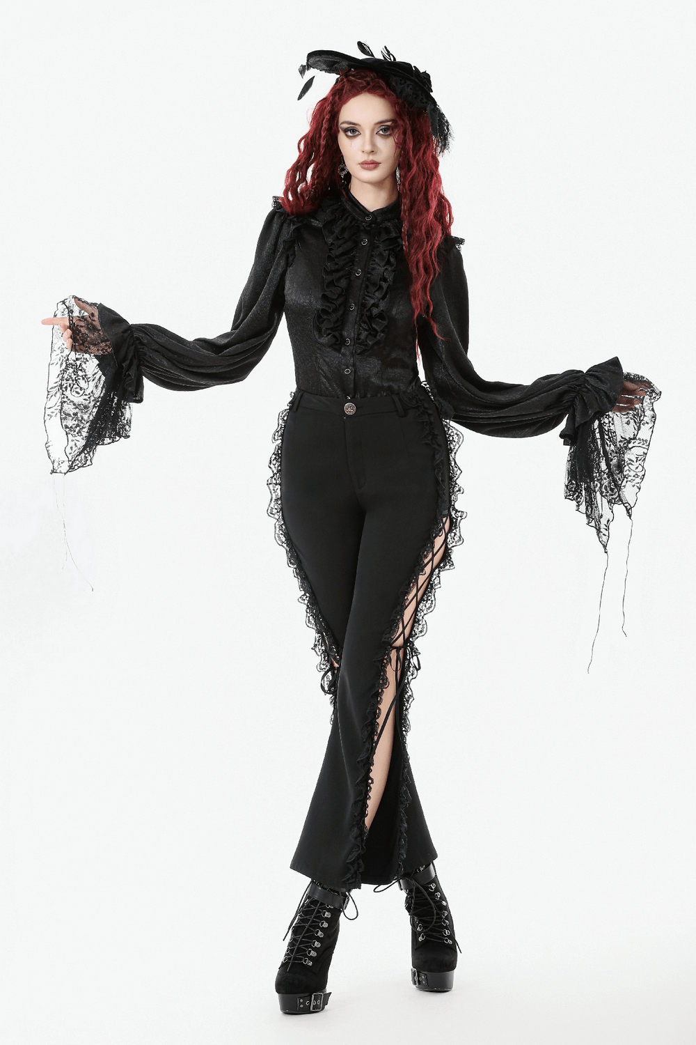 Elegant Gothic Shirt with Ruffles and Dramatic Lace Cuffs