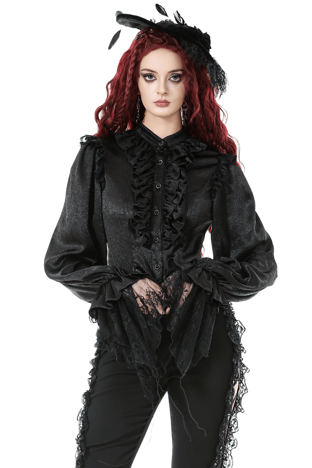 Elegant Gothic Shirt with Ruffles and Dramatic Lace Cuffs