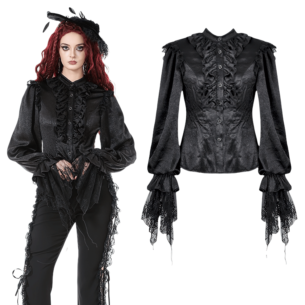 Elegant Gothic Shirt with Ruffles and Dramatic Lace Cuffs