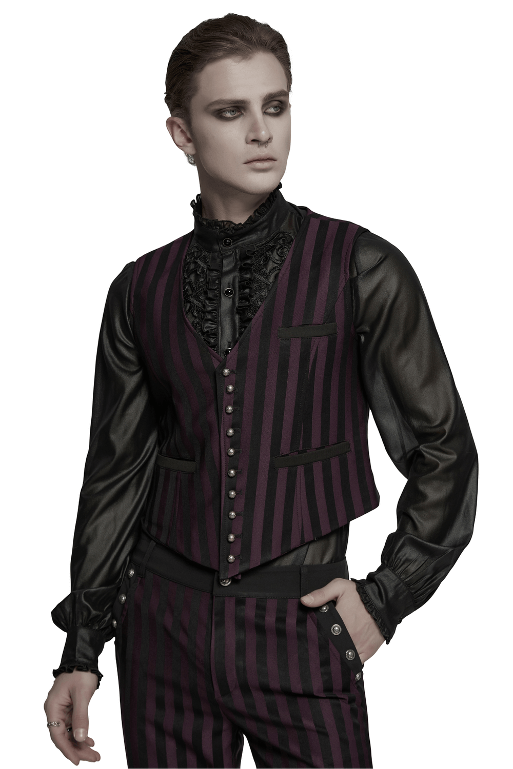 Elegant Gothic Striped Button-Up Waistcoat for Men