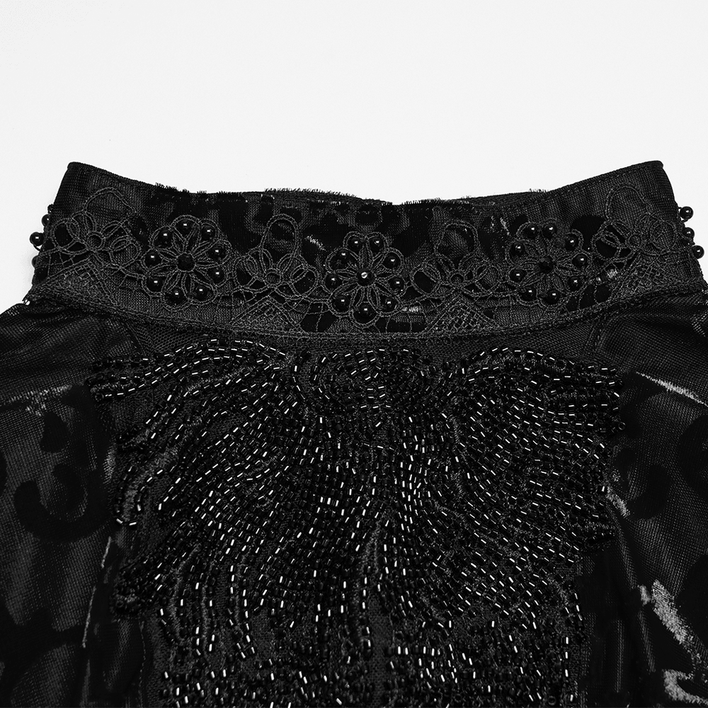 Elegant Gothic Top With Beaded Plunge and Lace Back